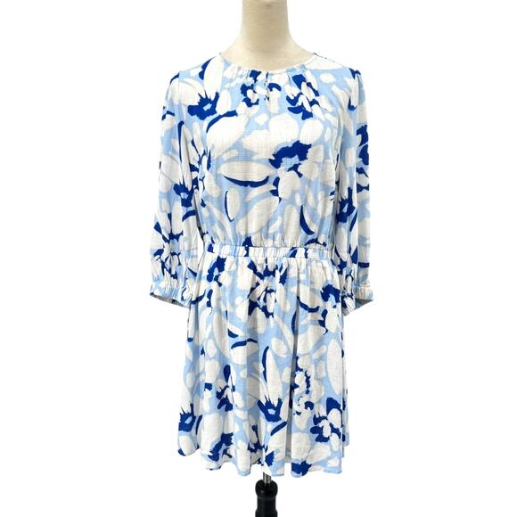 LOFT Blue & White Floral Print Linen Blend Elastic Waist Summer Blouson Dress - Picture 3 of 13